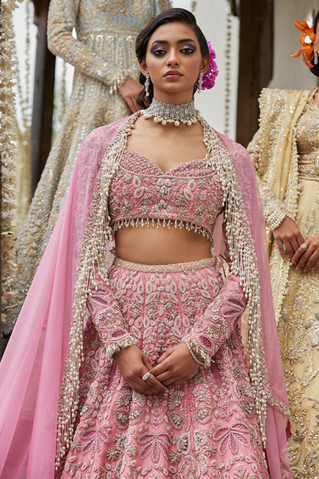 Premium Pakistani Bridal Dress in Pink Choli and Lehenga Style