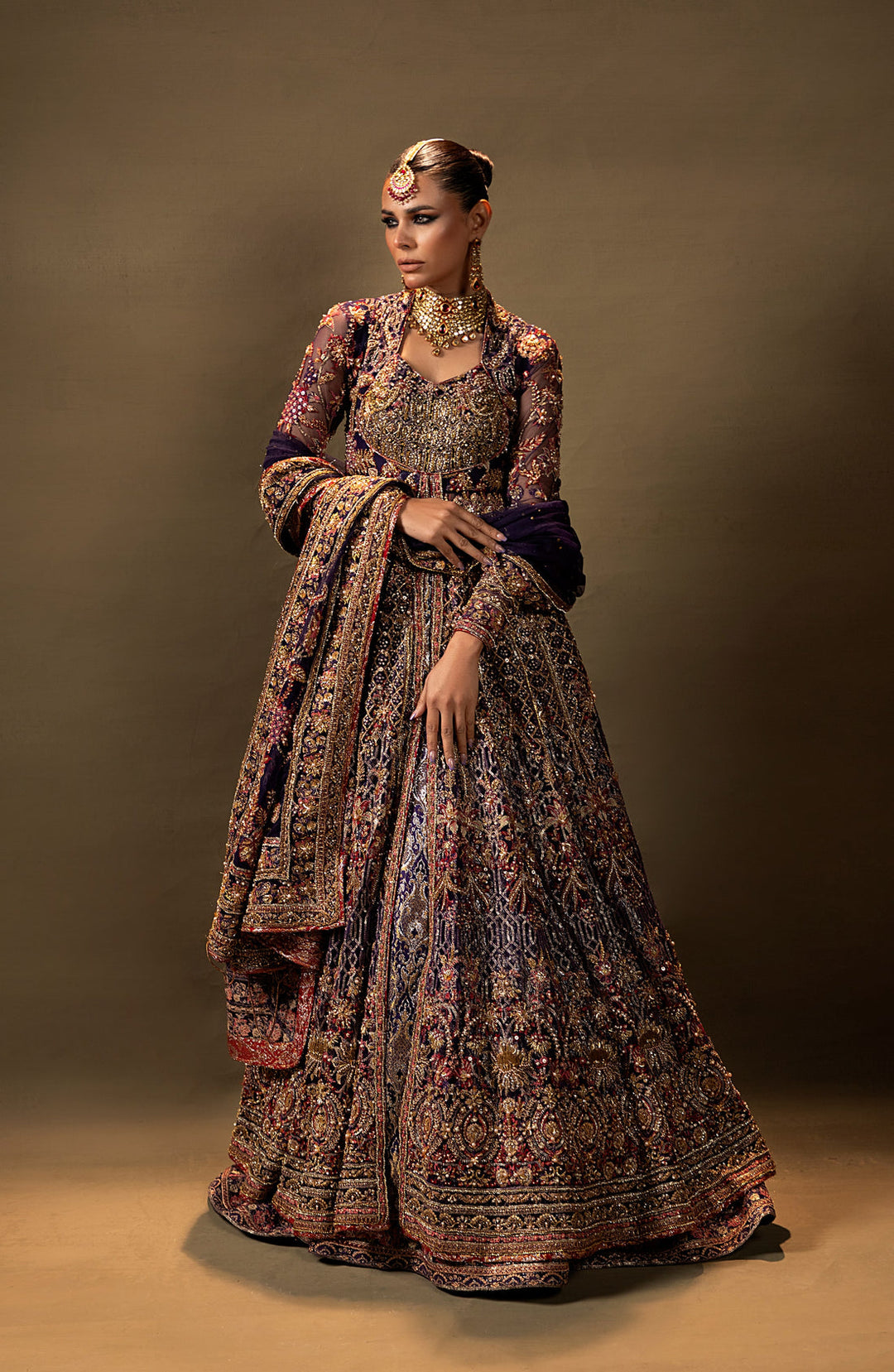 Premium Pakistani Bridal Dress in Purple Gown and Lehenga Style
