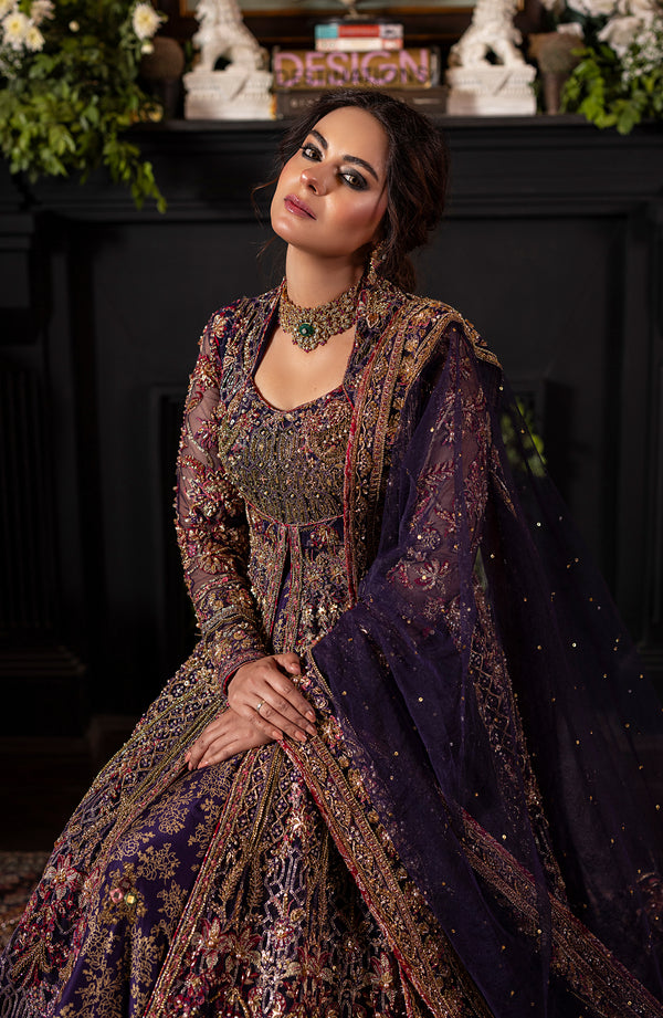 Premium Pakistani Bridal Dress in Purple Lehenga Gown Style