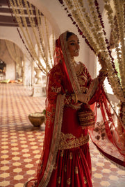 Pakistani Bridal Dress in Red Gharara and Kameez Style