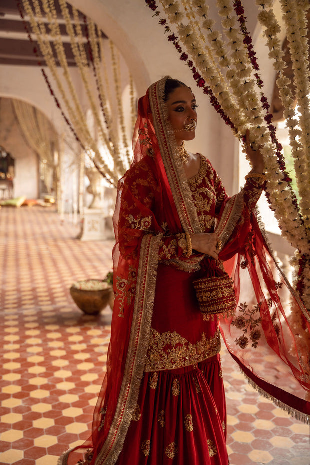 Pakistani Bridal Dress in Red Gharara and Kameez Style