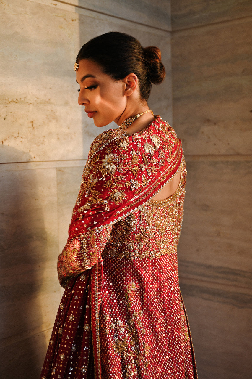 Exquisite Red Pakistani Bridal Lehenga in Pishwas Style