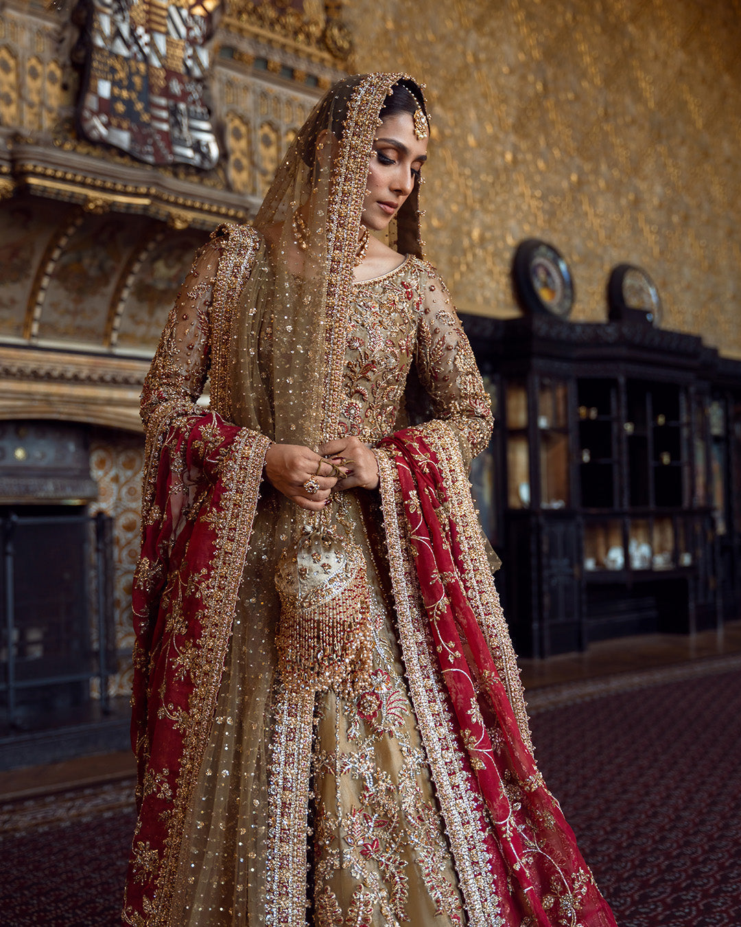 Elegant Pakistani Bridal Dress: Tissue Lehenga Choli