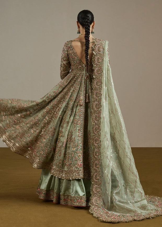 Premium Pakistani Bridal Green Pishwas Lehenga Dupatta Dress