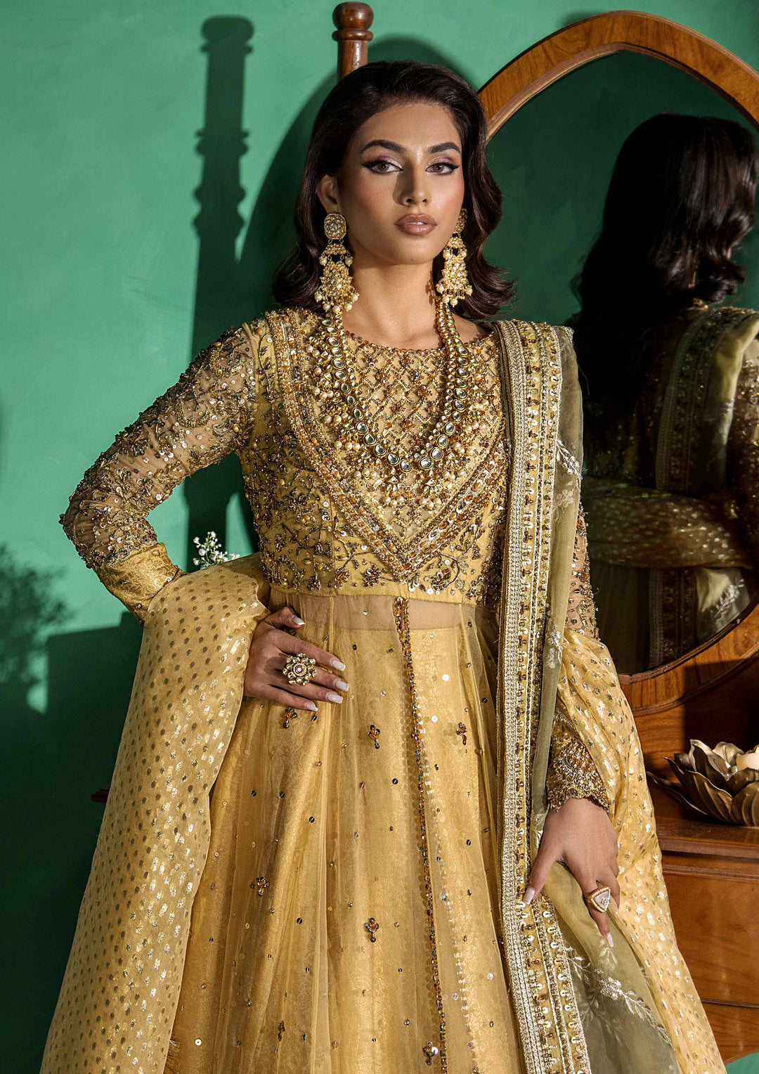 Premium Pakistani Bridal Mehndi Dress in Yellow Pishwas Style
