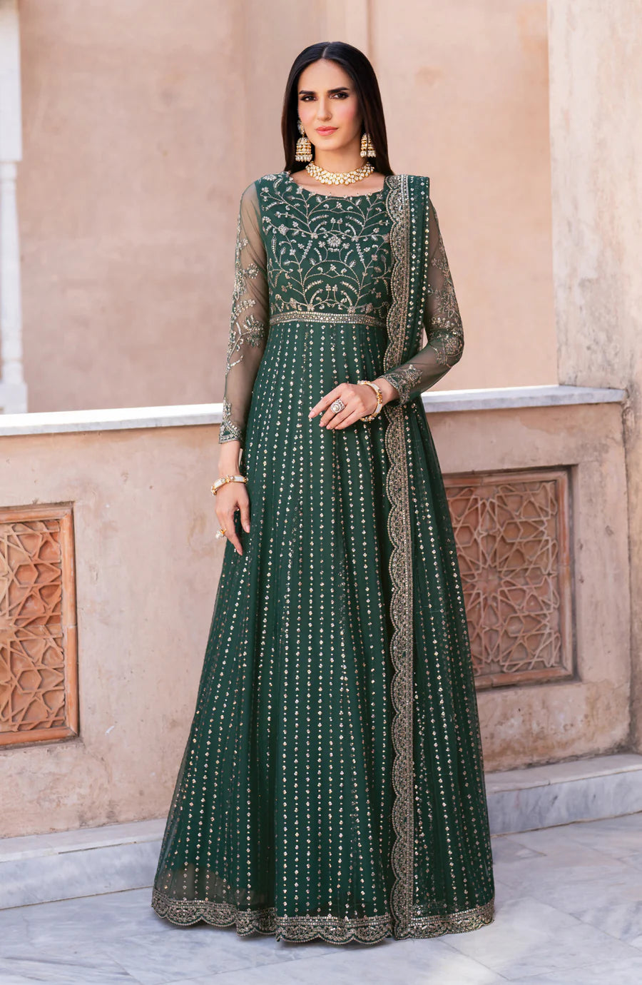 Premium Pakistani Dress in Frock Style Green Color