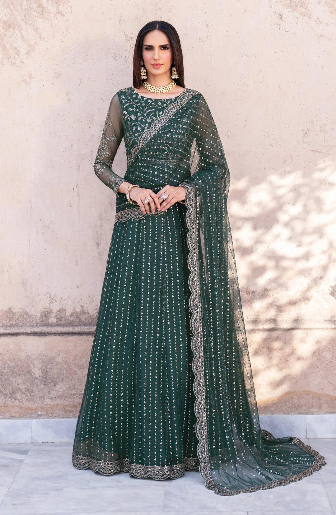Premium Pakistani Dress in Frock Style Green Color