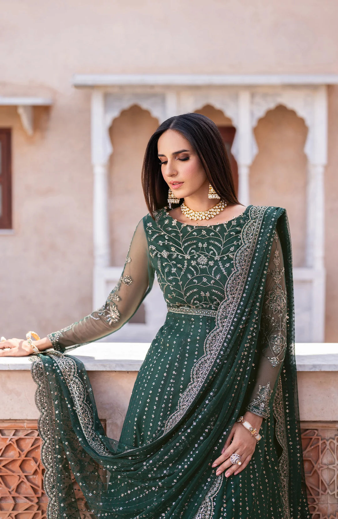 Premium Pakistani Dress in Frock Style Green Color