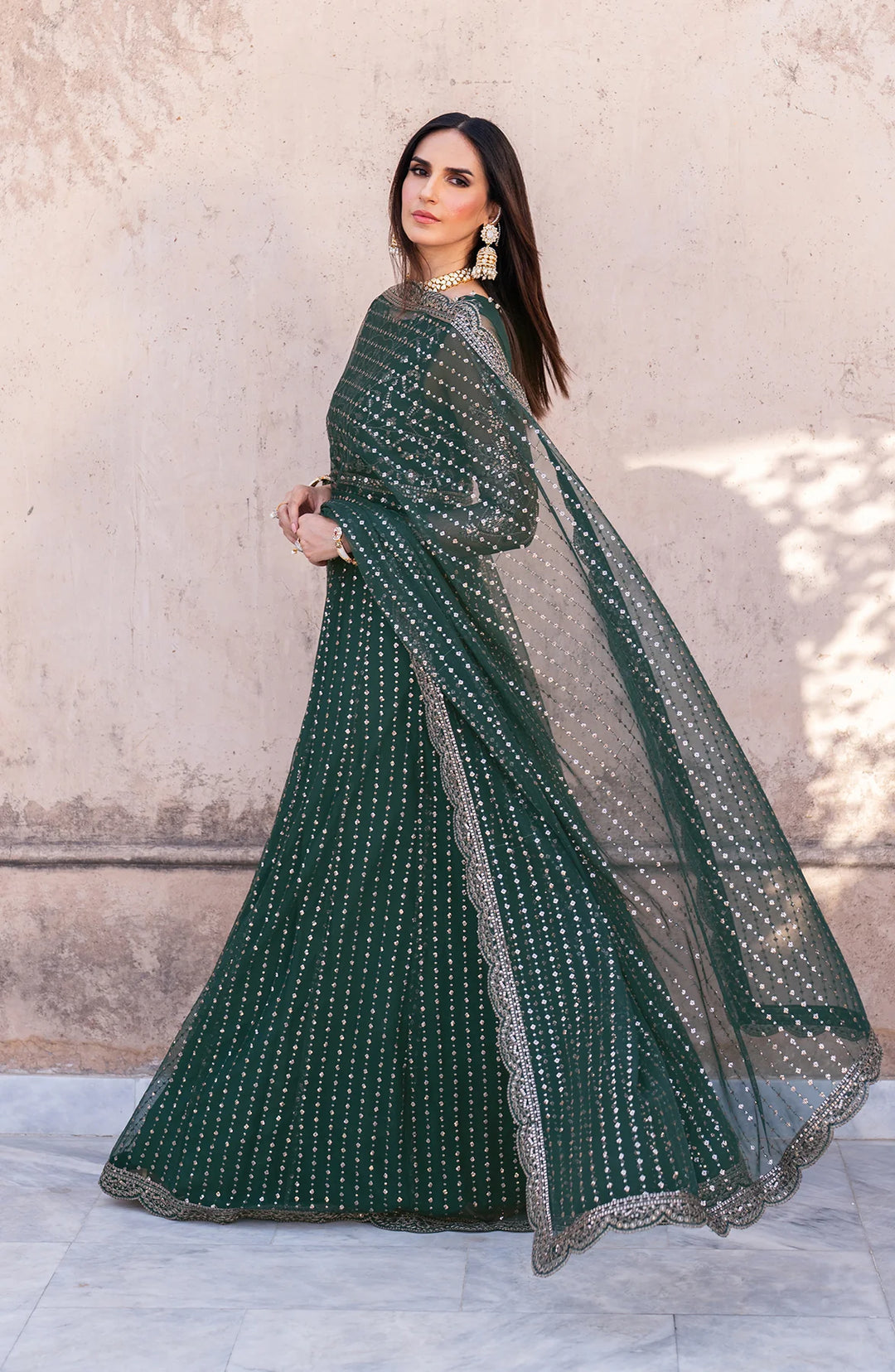 Premium Pakistani Dress in Frock Style Green Color