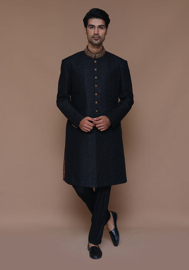 Premium Pakistani Groom Dress in Black Sherwani Style