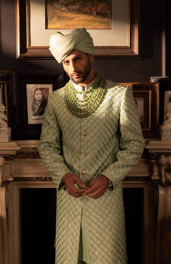 Premium Pakistani Groom Dress in Mint Green Sherwani Style