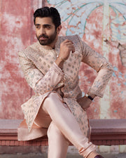 Premium Pakistani Groom Dress in Peach Raw Silk Sherwani Style