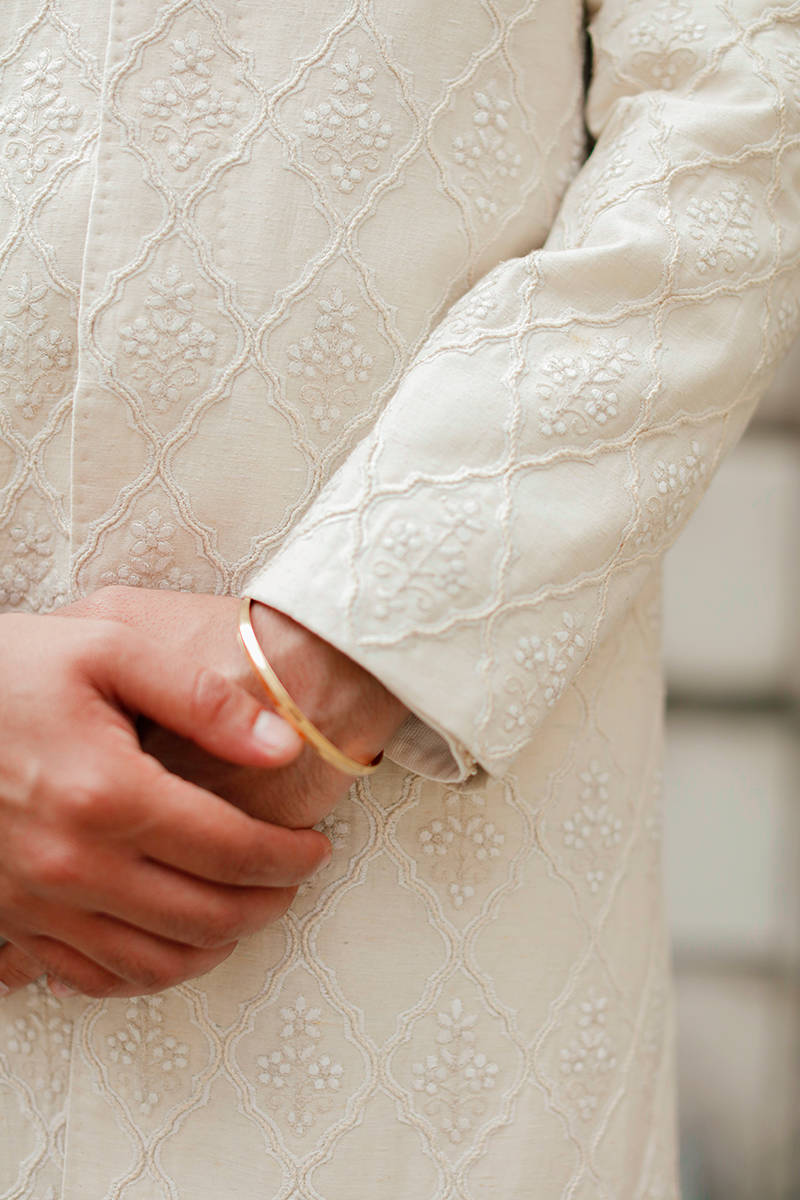 Pakistani Groom Dress in White Karandi Sherwani Style