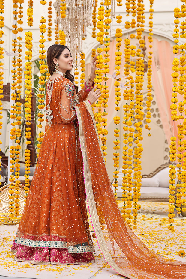 Premium Pakistani Mehndi Dress in Angrakha and Lehenga Style