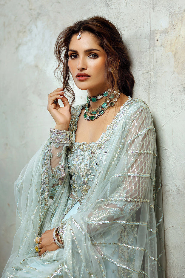 Premium Pakistani Wedding Dress in Blue Open Gown Lehenga Style