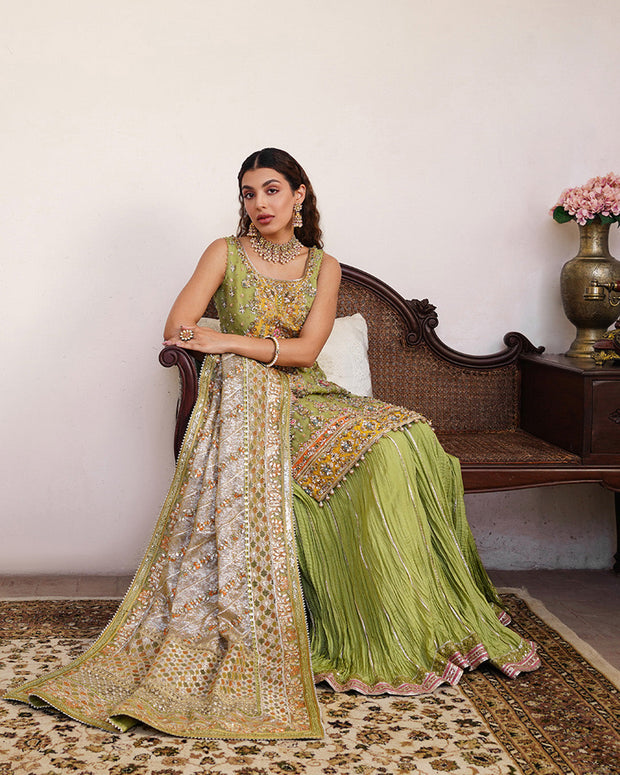 Pakistani Wedding Dress in Parrot Green Sharara Style Nameera by Farooq Pakistani Wedding Dress in Parrot Green Sharara Style Nameera by Farooq
