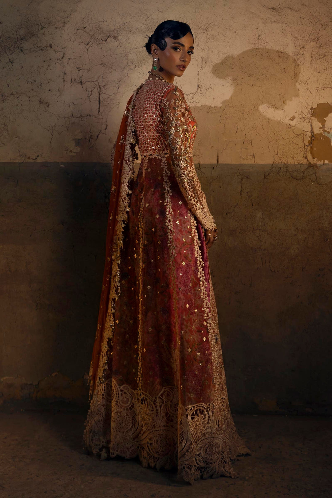 Peach & Fuchsia Embroidered Pakistani Party Dress