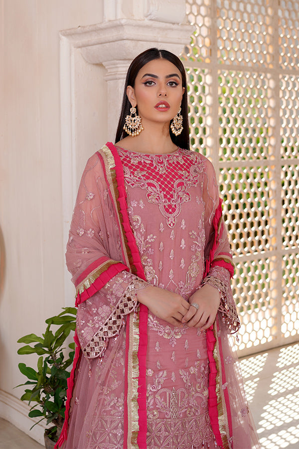Premium Pink Chiffon Net Kameez Sharara For Pakistani Wedding Dress