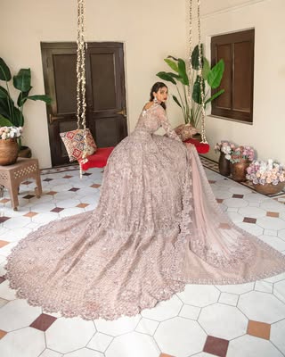 Premium Pink Pakistani Bridal Dress in Long Tail Gown Style