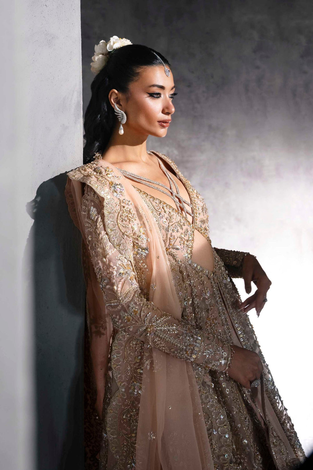 Stunning Pink Pakistani Bridal Dress in Gown Lehenga Style