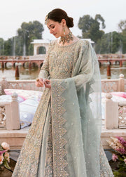 Premium Pishwas Frock and Lehenga Blue Pakistani Bridal Dress