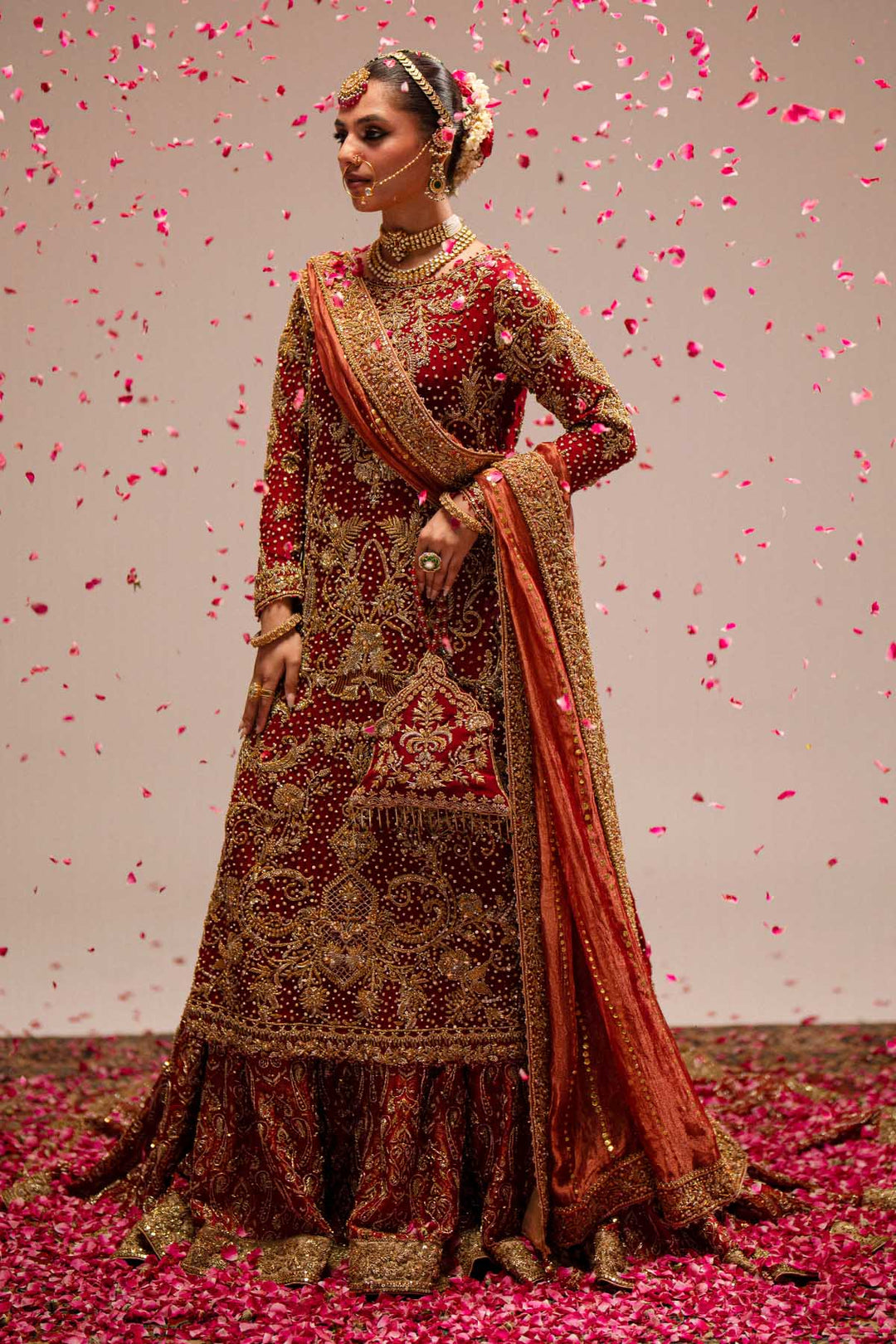 Premium Red Pakistani Bridal Dress in Kameez and Gharara Style