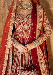 Premium Red Pakistani Bridal Dress in Pishwas Lehenga Style