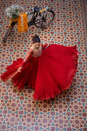 Premium Red Pakistani Wedding Dress In Crushed Pishwas Frock Style