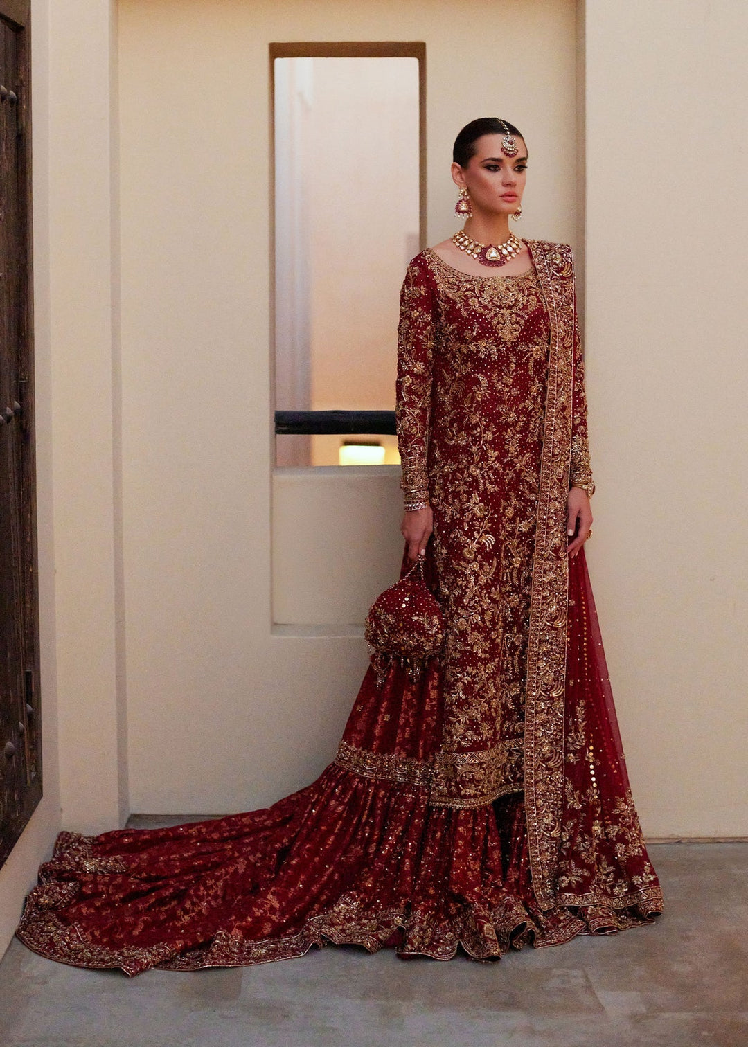 Elegant Red Pakistani Bridal Gharara Dress for Wedding