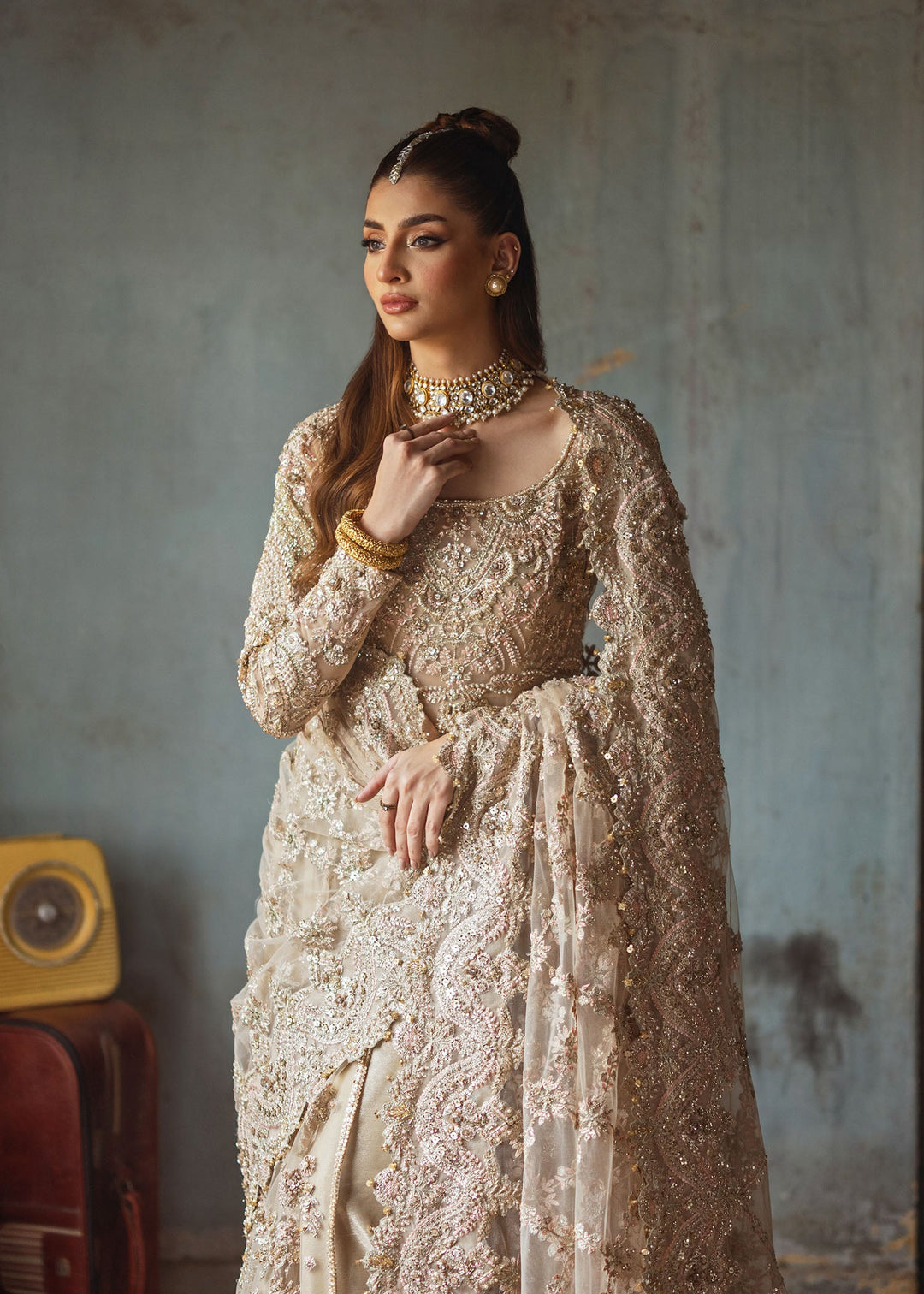 Premium Golden Pakistani Bridal Dress in Gown Lehenga Style