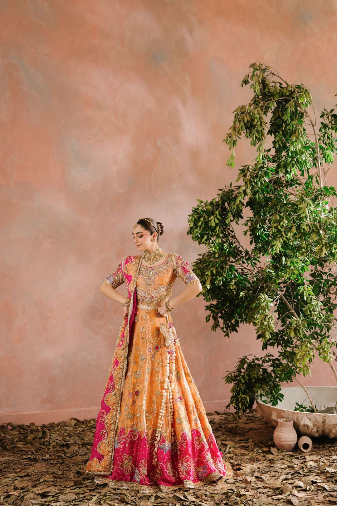 Premium Pakistani Bridal Dress in Choli and Rust Lehenga Style