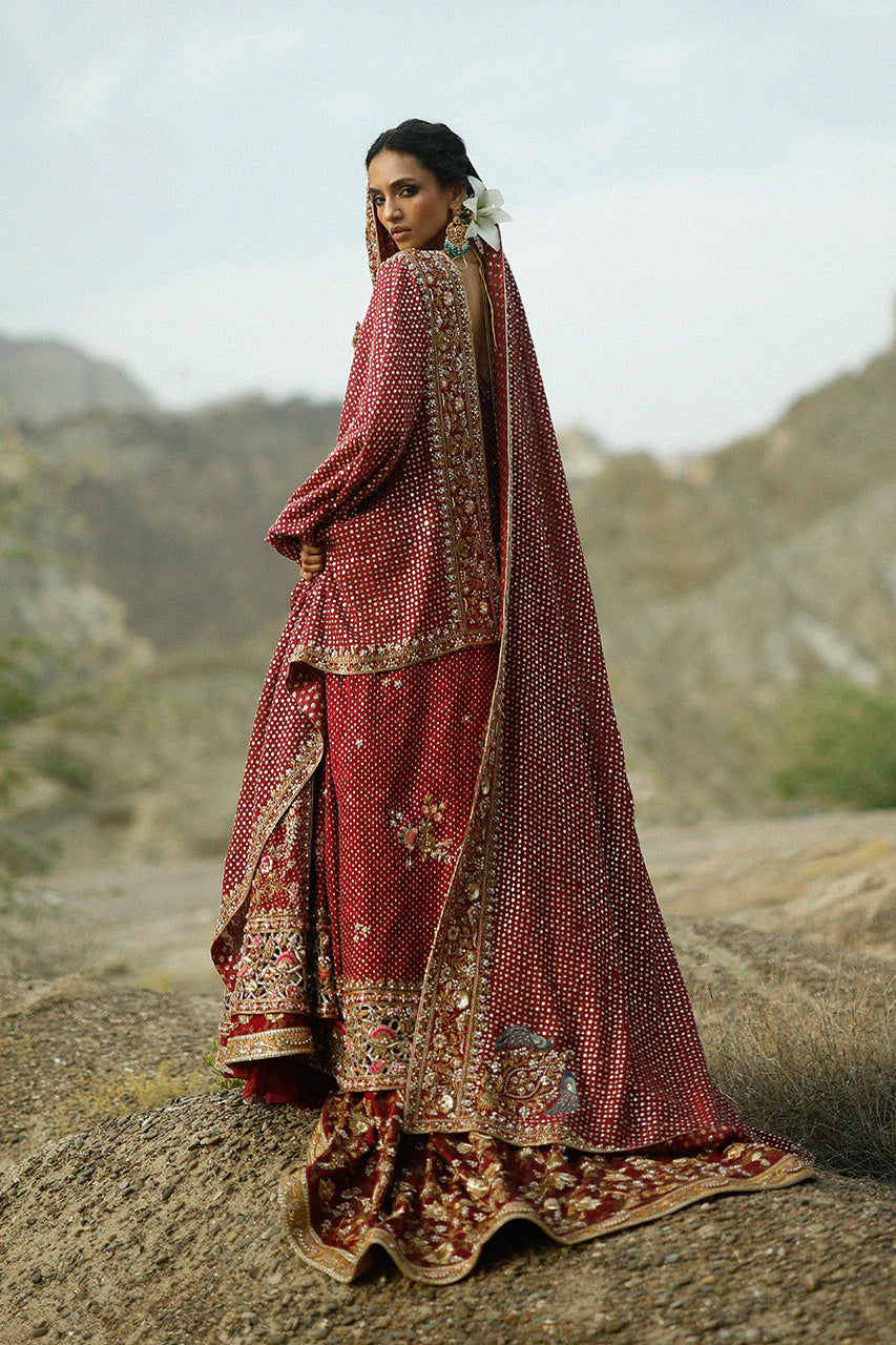 Premium Pakistani Bridal Dress in Crimson Lehenga Pishwas Style