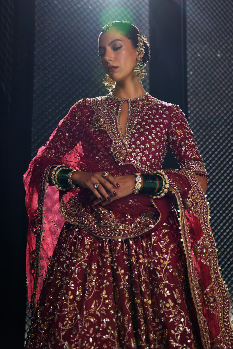Premium Pakistani Bridal Dress in Crimson Red Pishwas Style