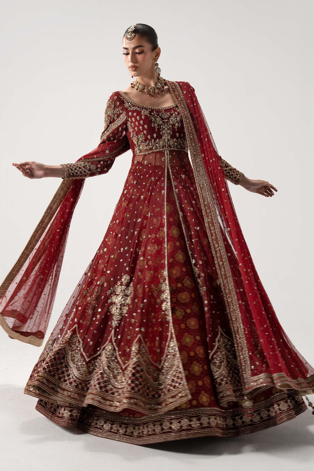 Premium Pakistani Bridal Dress in Deep Red Pishwas Lehnga Style