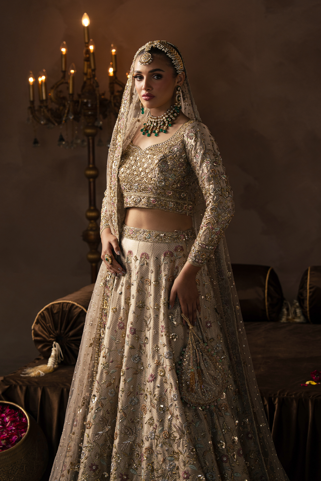 Pakistani Bridal Dress in Dull Gold Lehenga Choli Style Nameera by Farooq Pakistani Bridal Dress in Dull Gold Lehenga Choli Style Nameera by Farooq