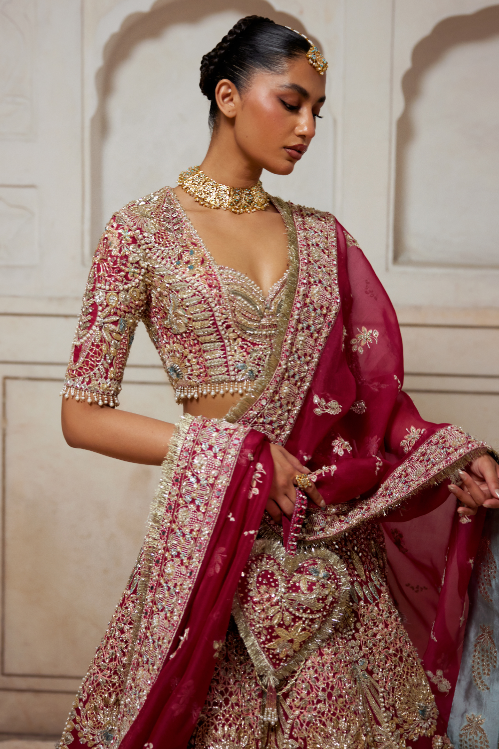 Premium Pakistani Bridal Dress in Fuchsia Red Lehenga Choli