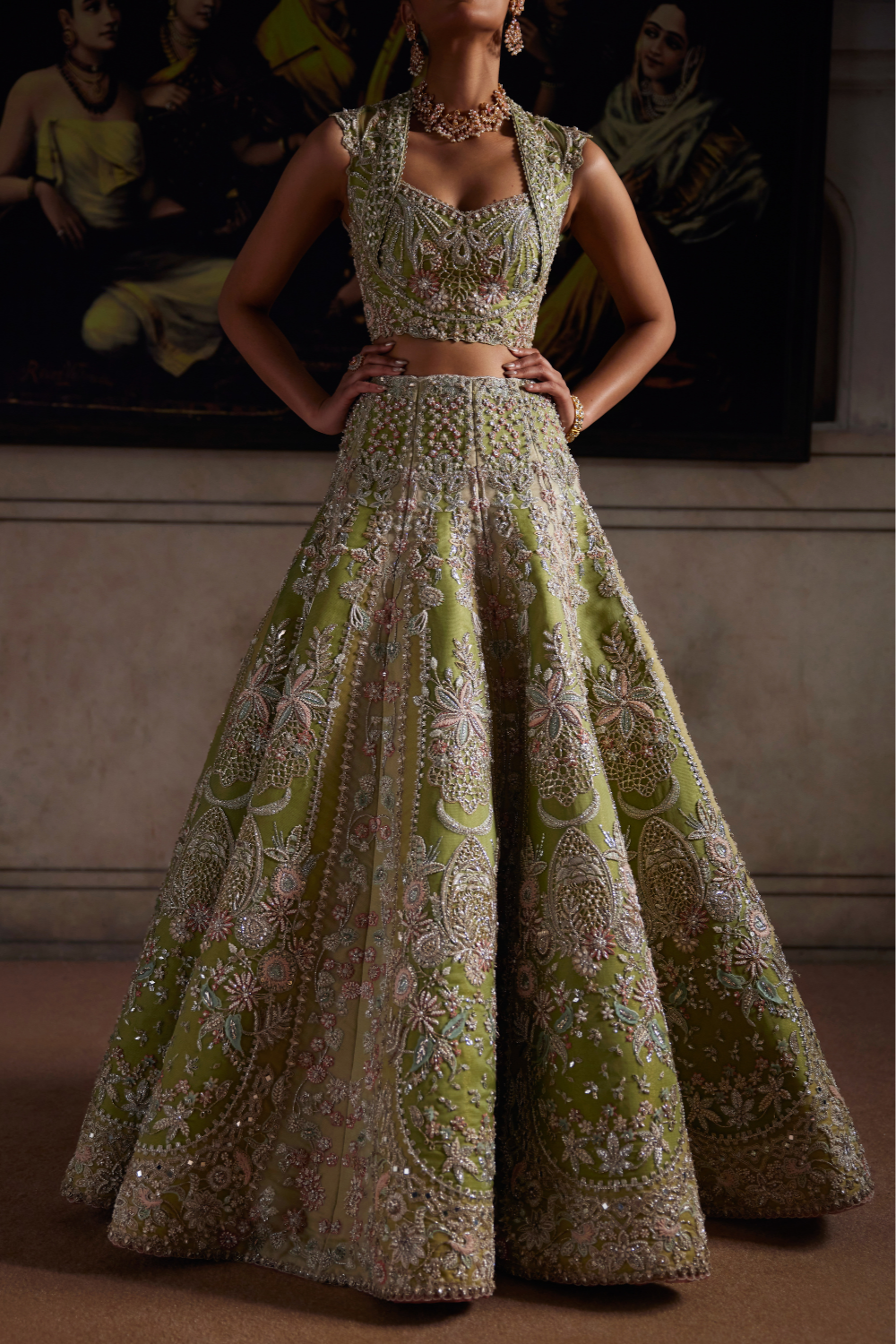 Premium Pakistani Bridal Dress in Green Choli and Lehenga Style