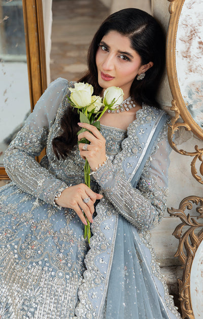 Premium Pakistani Bridal Dress in Ice Blue Pishwas Lehnga Style