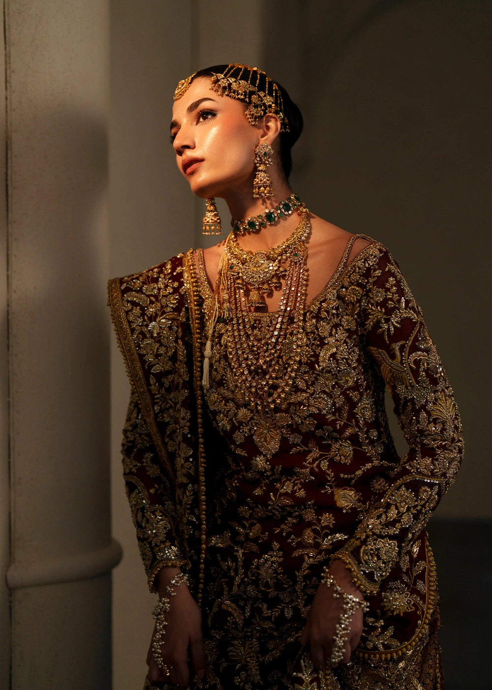Premium Pakistani Bridal Dress in Maroon Kameez Lehenga Style