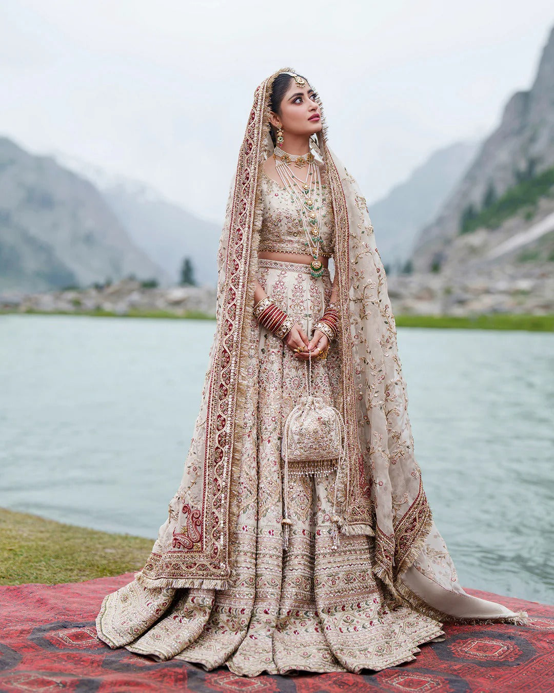 Pakistani Bridal Dress in Off White Lehenga Choli Style