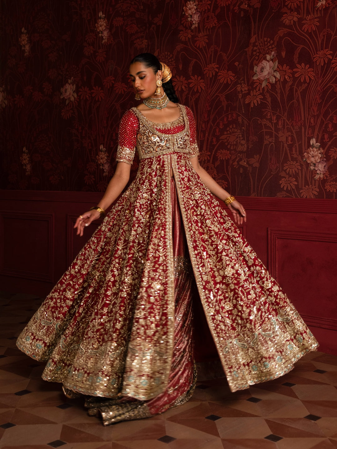 Premium Pakistani Bridal Dress in Open Gown and Lehenga Style