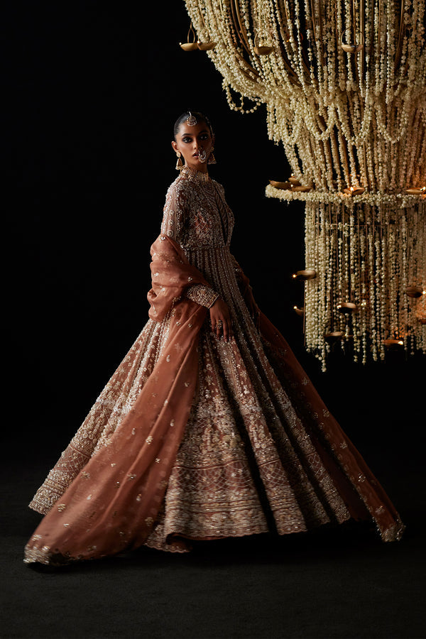 Premium Pakistani Bridal Dress in Peach Pishwas Dupatta Style