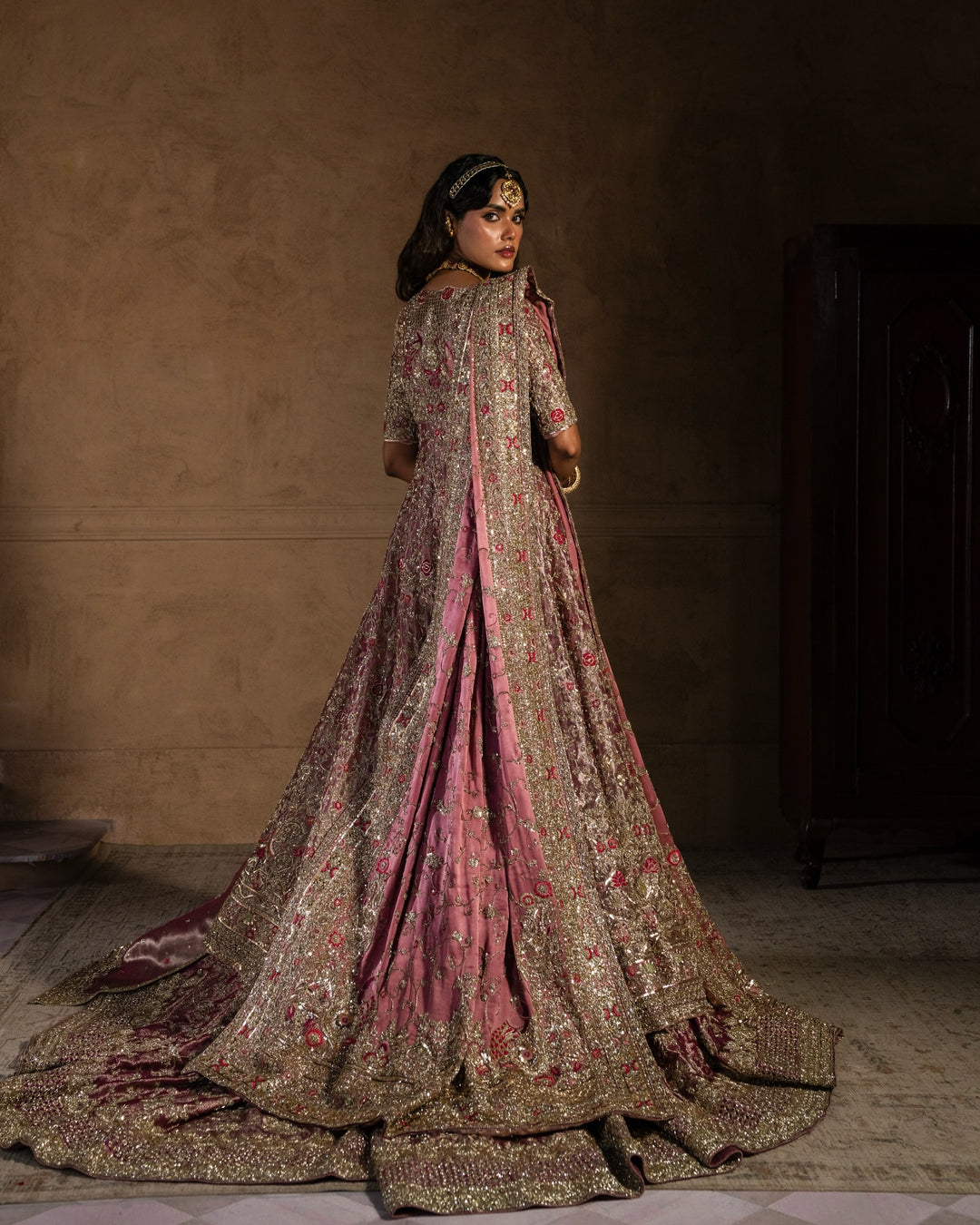Premium Pakistani Bridal Dress in Pink Gown and Lehenga Style