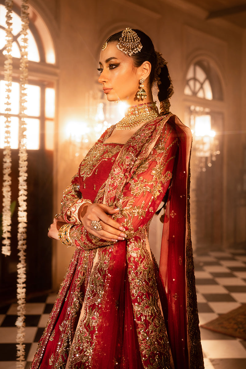 Premium Pakistani Bridal Dress in Red Lehenga and Gown Style