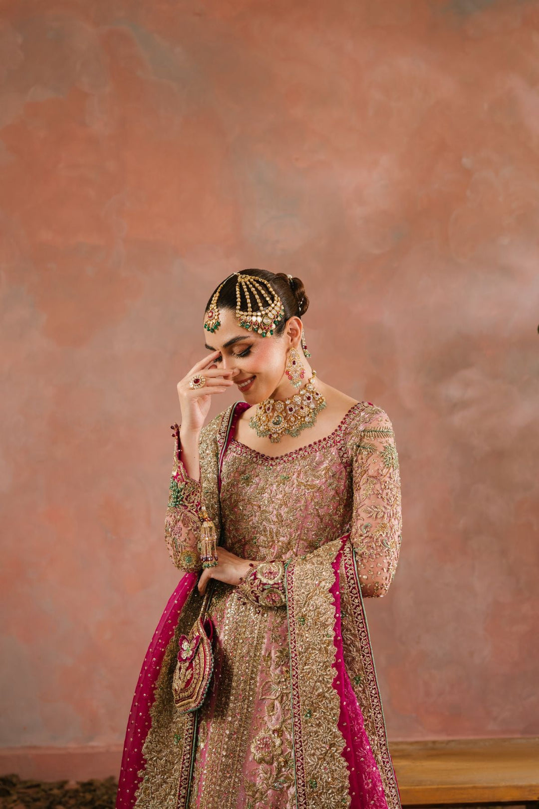 Premium Pakistani Bridal Dress in Tea Pink Lehenga Gown Style
