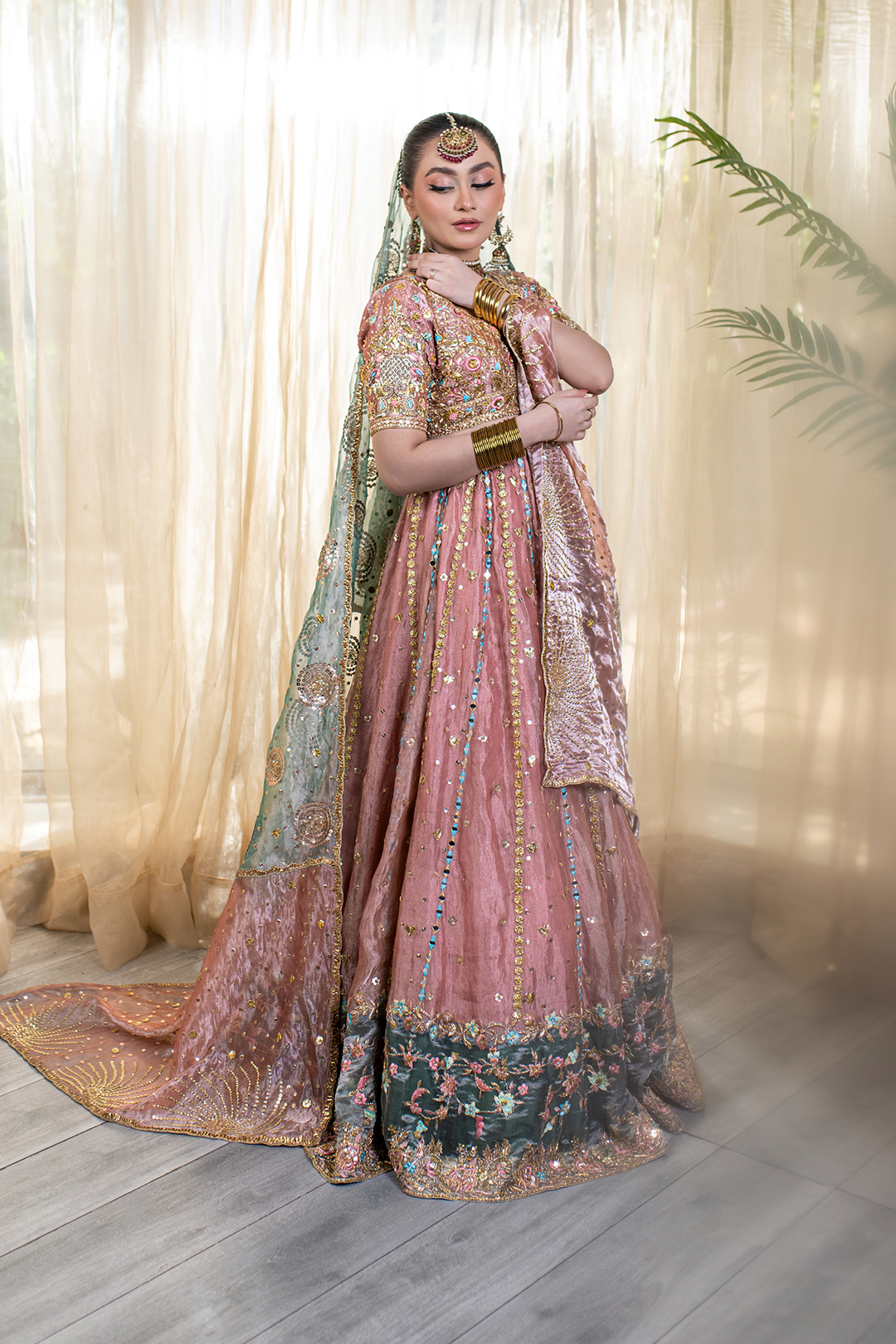 Premium Pakistani Bridal Dress in Tissue Choli Lehenga Style