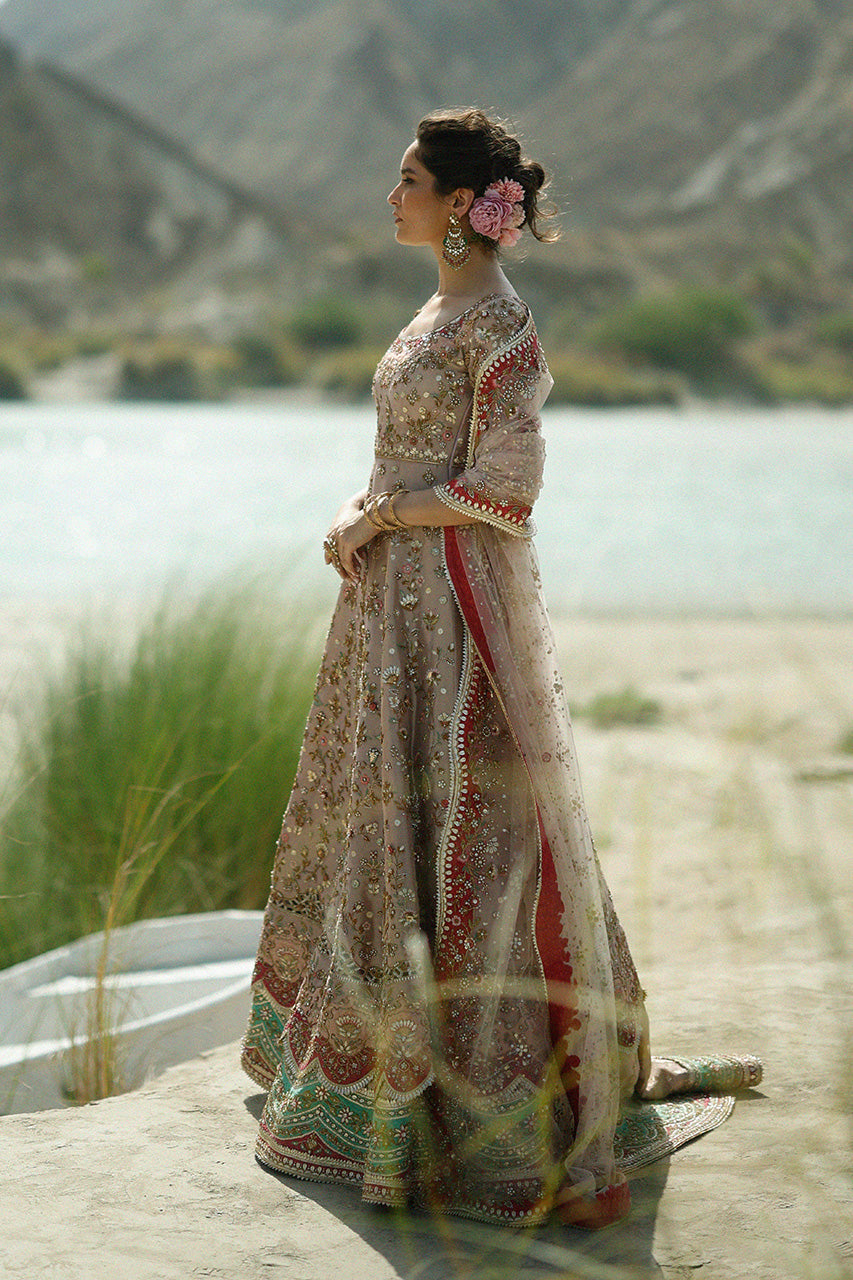 Premium Pakistani Bridal Dress in Tissue Pishwas Lehenga Style