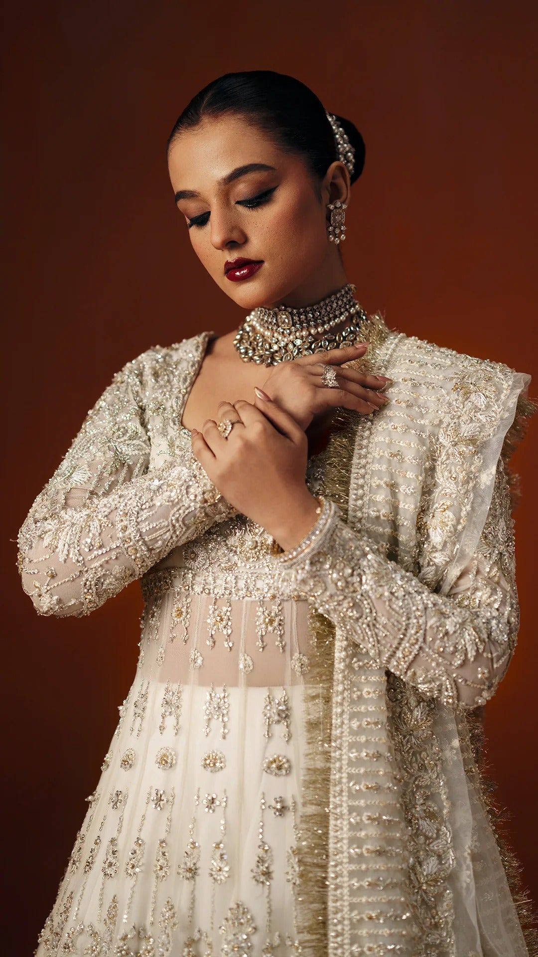 Premium Pakistani Bridal Dress in White Lehenga Gown Style