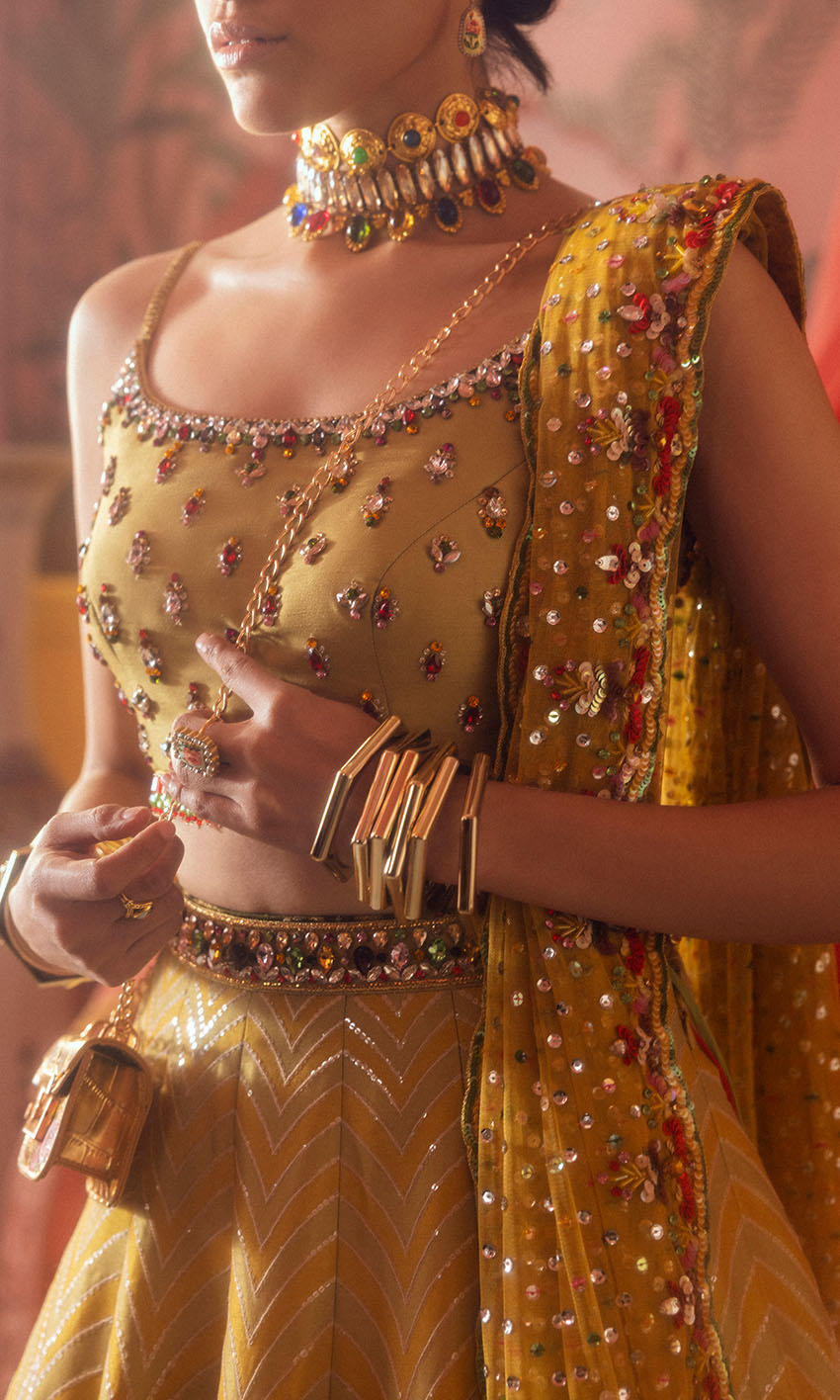 Premium Pakistani Bridal Mehndi Dress in Lehenga Choli Style