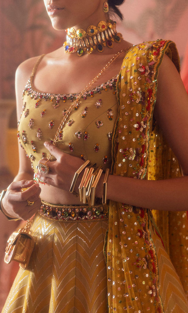Premium Pakistani Bridal Mehndi Dress in Lehenga Choli Style